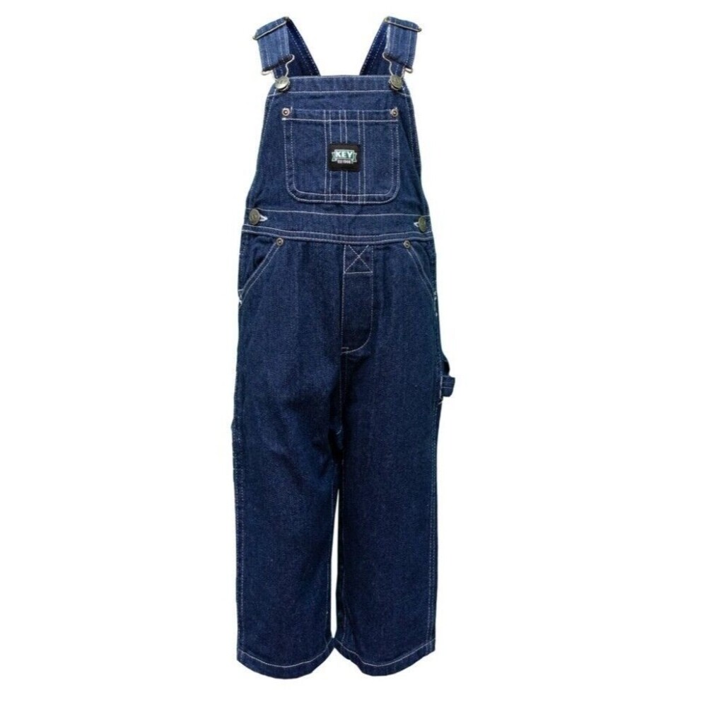Kids KEY Denim Bib OVERALLS Blue Jean Size 4 100% Cotton, Pewter Snaps, Zip Fly